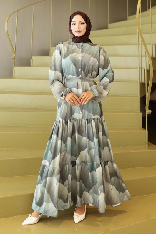 Desenli Tesettür Elbise Yeşil 563 Desenli Tesettür Elbise Yeşil 563