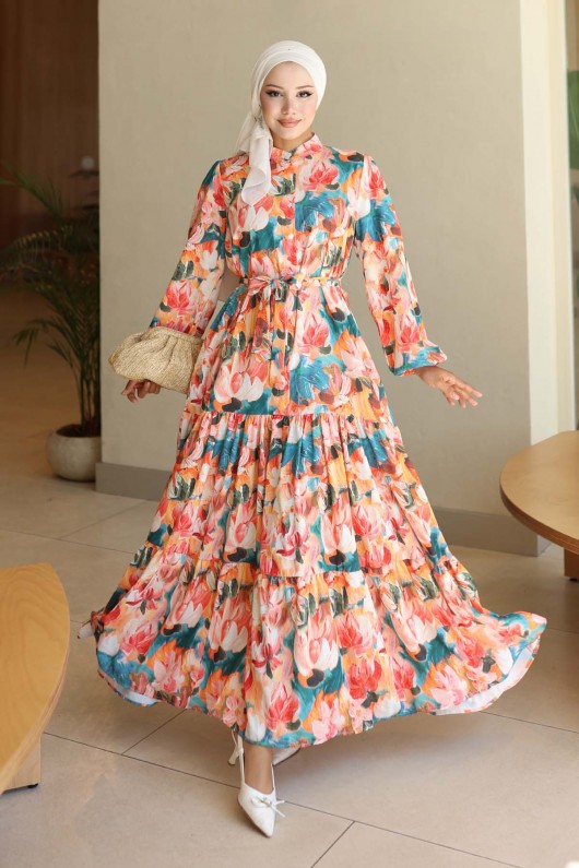 Desenli Tesettür Elbise Oranj 564 Desenli Tesettür Elbise Oranj 564