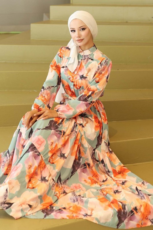 Desenli Tesettür Elbise Oranj 565 Desenli Tesettür Elbise Oranj 565