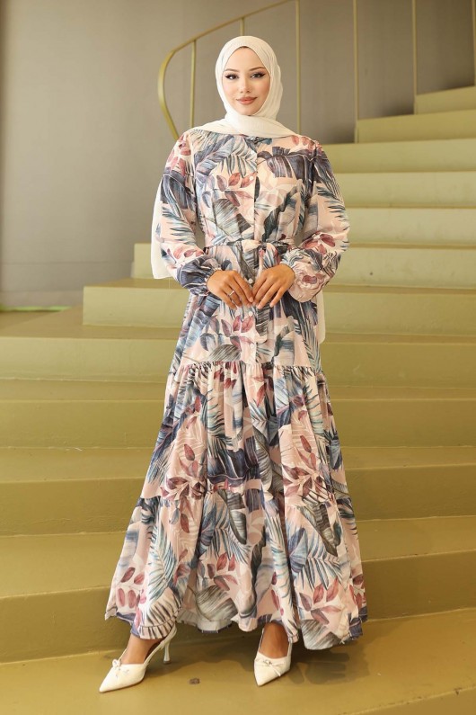 Desenli Tesettür Elbise Pudra 565 Desenli Tesettür Elbise Pudra 565
