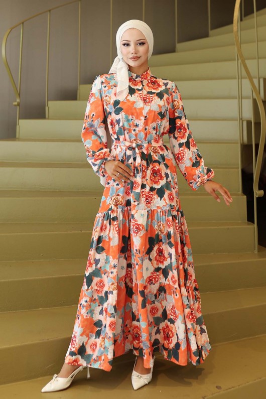 Desenli Tesettür Elbise Oranj 566 Desenli Tesettür Elbise Oranj 566