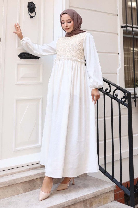 Dantel Detaylı Keten Tesettür Elbise Taş Rengi 8787-1 Dantel Detaylı Keten Tesettür Elbise Taş Rengi 8787-1