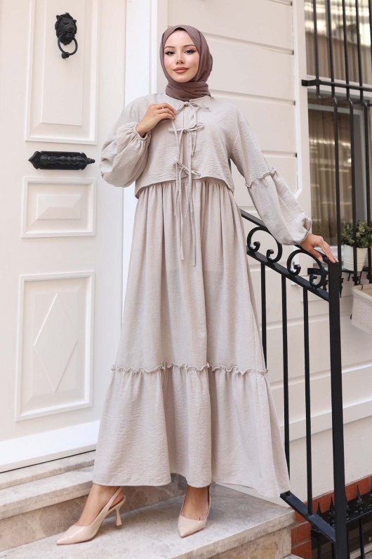 Fiyonk Detaylı Elbise Takım Bej 2271