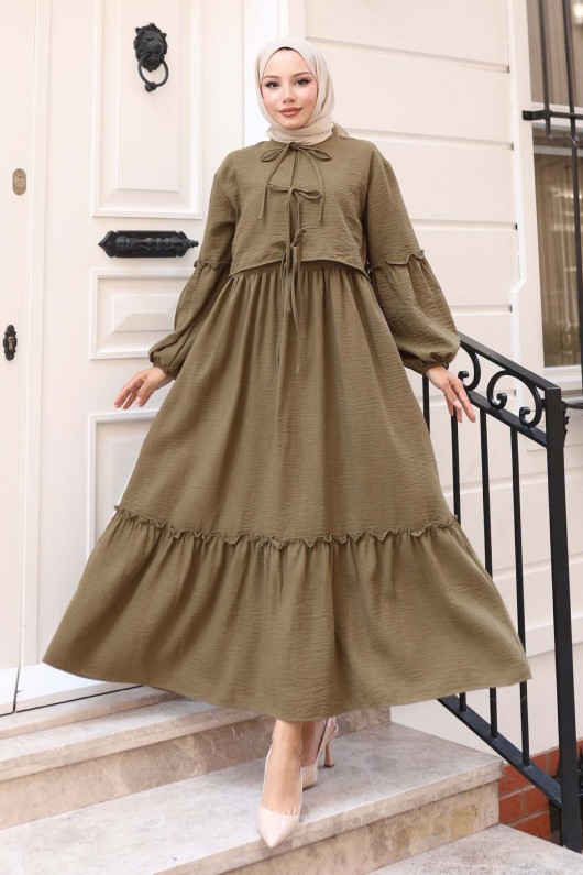 Fiyonk Detaylı Elbise Takım Haki 2271