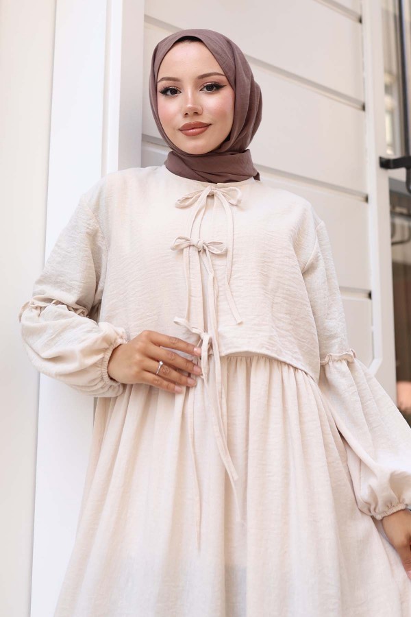 Fiyonk Detaylı Elbise Takım Taş Rengi 2271