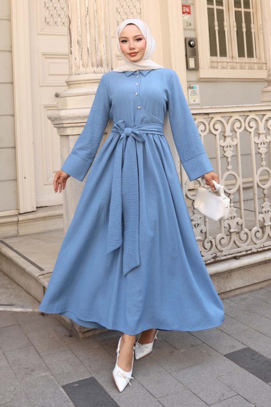 Beli Bağlamalı Tesettür Elbise Mavi 2304