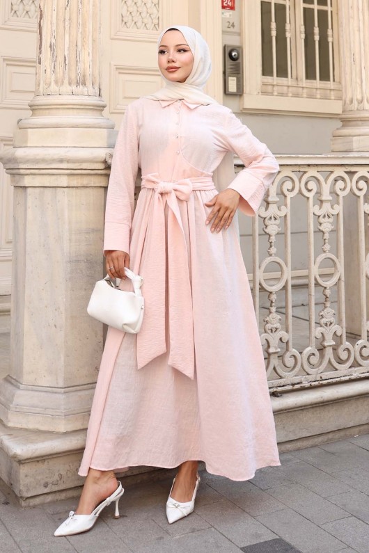 Beli Bağlamalı Tesettür Elbise Pudra 2304