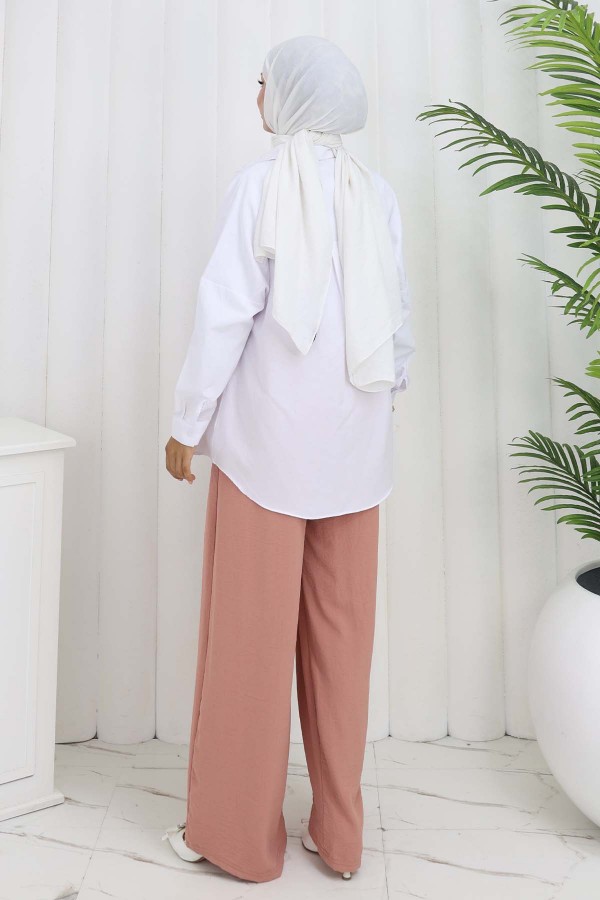 Geniş Paça Pileli Pantolon Pudra 6718 Geniş Paça Pileli Pantolon Pudra 6718