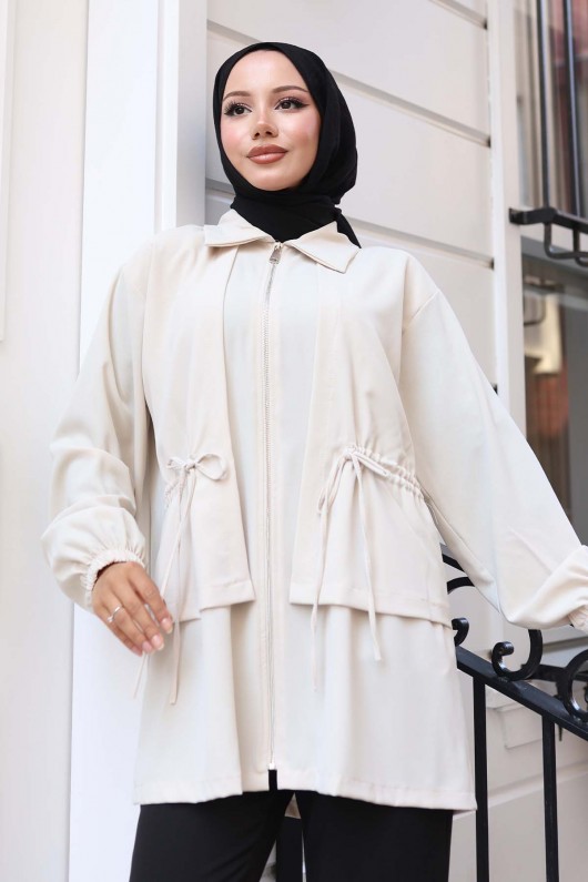 Beli Büzgülü Fermuarlı Kısa Kap Taş Rengi 3243 Beli Büzgülü Fermuarlı Kısa Kap Taş Rengi 3243