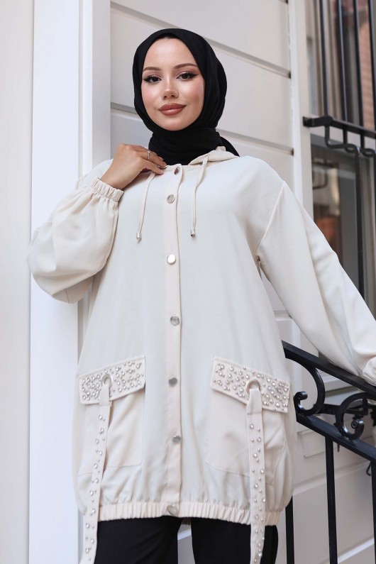 Cepleri Taş Detaylı Düğmeli Kısa Kap Taş Rengi 3241 Cepleri Taş Detaylı Düğmeli Kısa Kap Taş Rengi 3241