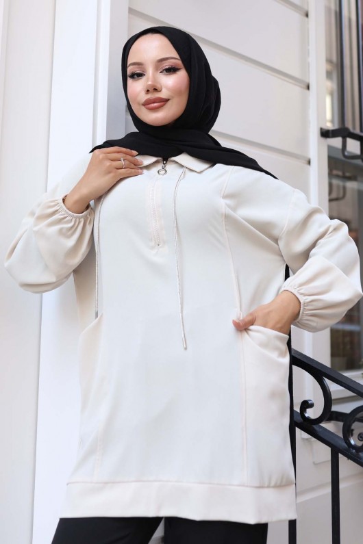 İp Detaylı Yarım Fermuarlı Tesettür Tunik Taş Rengi 3190