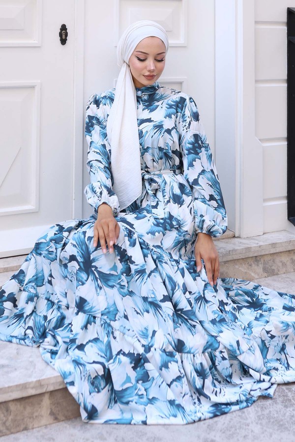Desenli Tesettür Elbise Lacivert 561