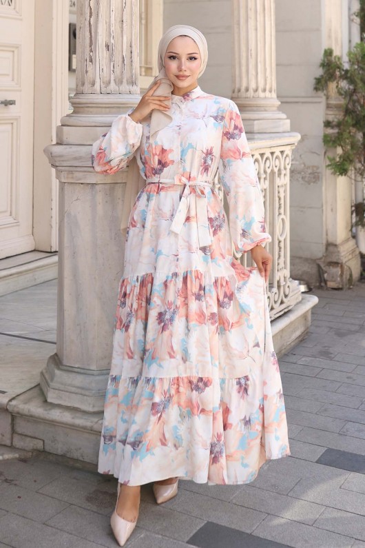 Desenli Tesettür Elbise Bej 567 Desenli Tesettür Elbise Bej 567