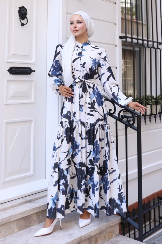 Desenli Tesettür Elbise Lacivert 567 Desenli Tesettür Elbise Lacivert 567