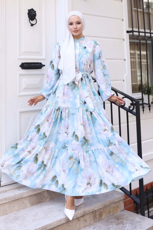 Desenli Tesettür Elbise Mavi 567 Desenli Tesettür Elbise Mavi 567