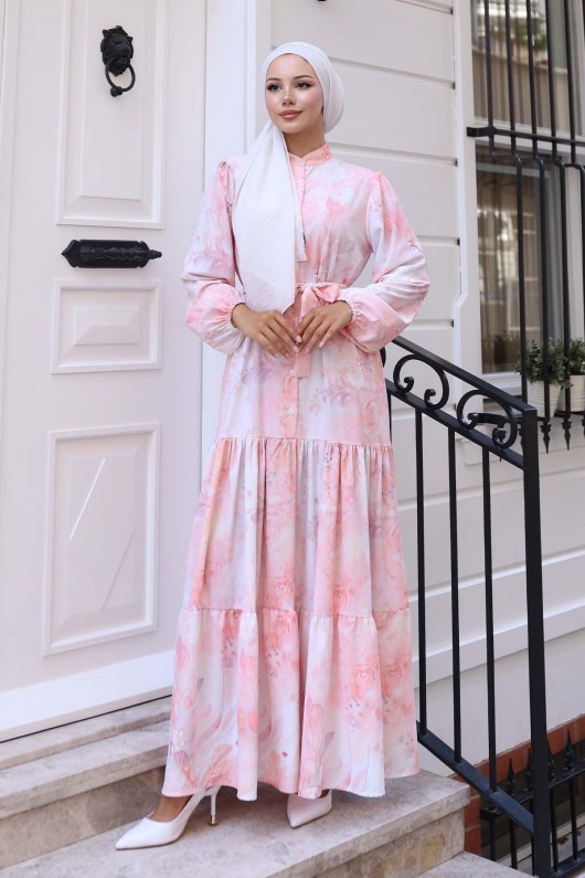 Desenli Tesettür Elbise Pudra 567 Desenli Tesettür Elbise Pudra 567