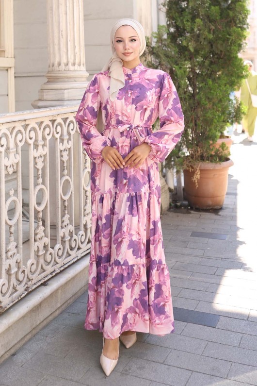Desenli Tesettür Elbise Mor 568 Desenli Tesettür Elbise Mor 568