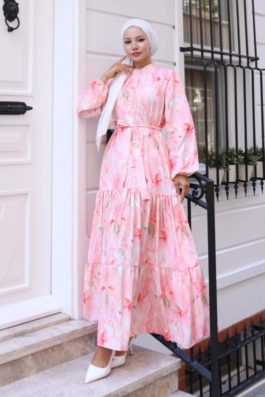 Desenli Tesettür Elbise Pembe 568 Desenli Tesettür Elbise Pembe 568