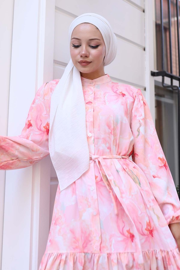 Desenli Tesettür Elbise Pembe 568 Desenli Tesettür Elbise Pembe 568