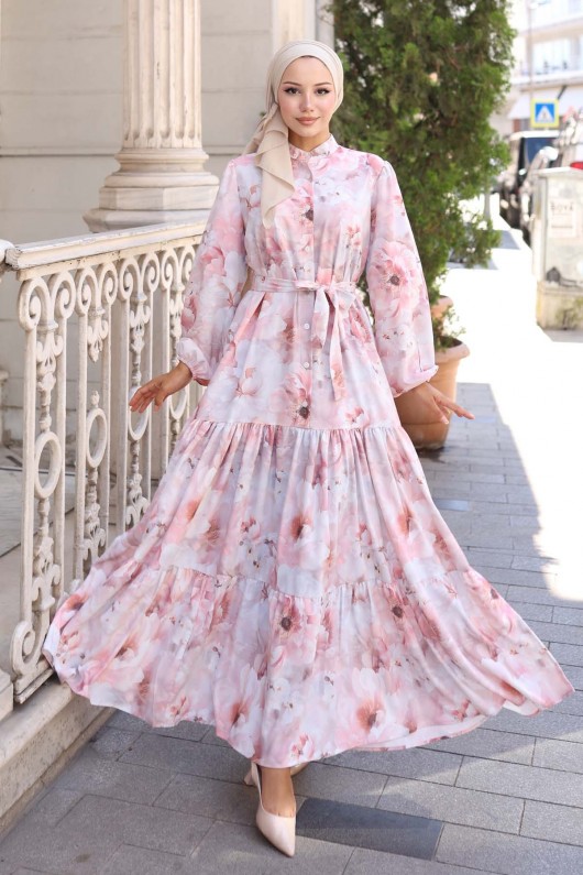 Desenli Tesettür Elbise Pudra 568 Desenli Tesettür Elbise Pudra 568