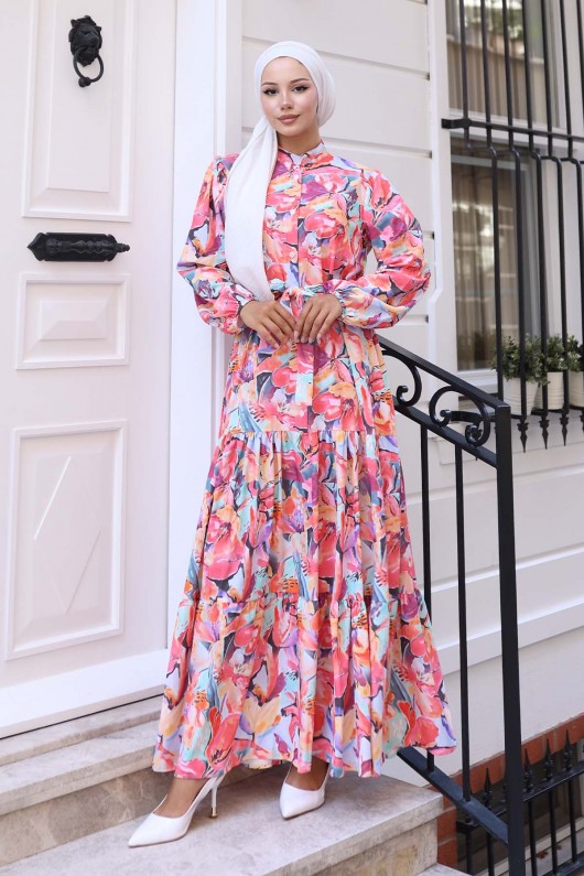 Desenli Tesettür Elbise Fuşya 569 Desenli Tesettür Elbise Fuşya 569