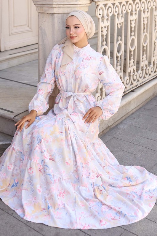 Desenli Tesettür Elbise Taş Rengi 569 Desenli Tesettür Elbise Taş Rengi 569