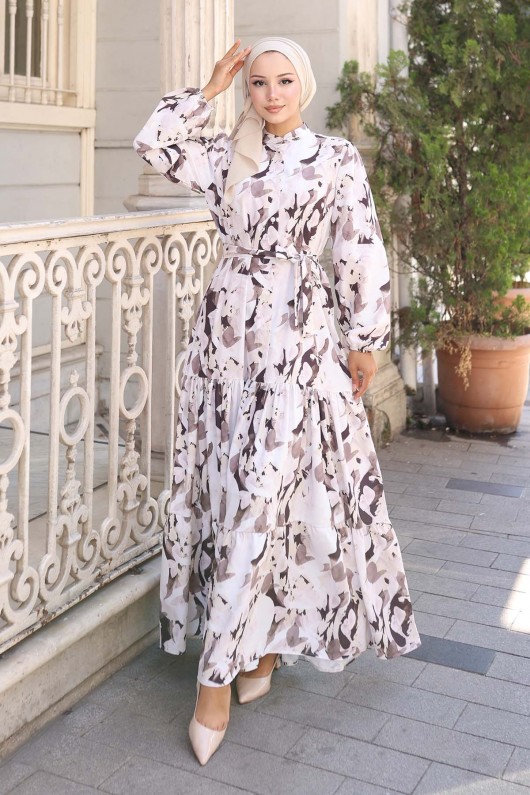 Desenli Tesettür Elbise Kahverengi 570 Desenli Tesettür Elbise Kahverengi 570