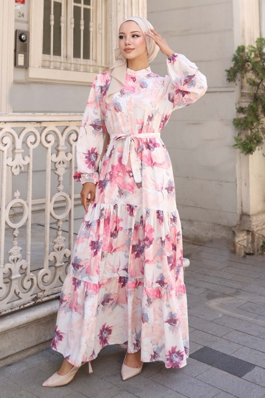 Desenli Tesettür Elbise Gül Kurusu 572