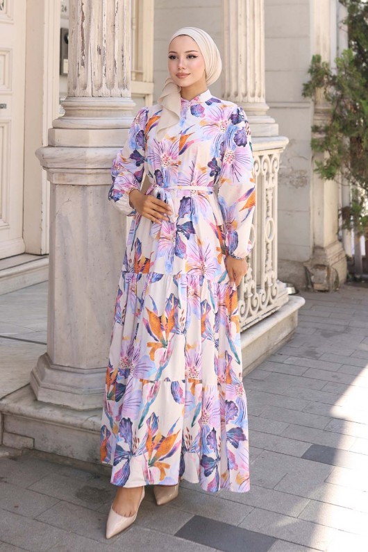 Desenli Tesettür Elbise Lila 572