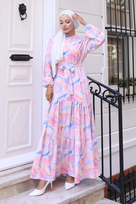 Desenli Tesettür Elbise Mavi 573