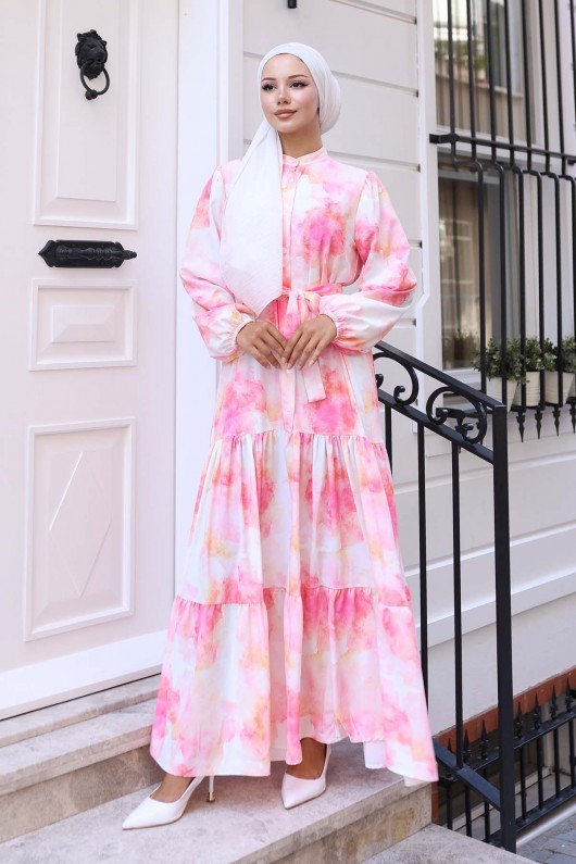 Desenli Tesettür Elbise Pembe 573