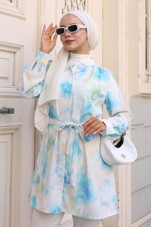 Desenli Tesettür Gömlek Su Yeşili 700 Desenli Tesettür Gömlek Su Yeşili 700