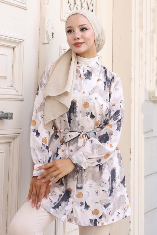 Desenli Tesettür Gömlek Vizon 702 Desenli Tesettür Gömlek Vizon 702