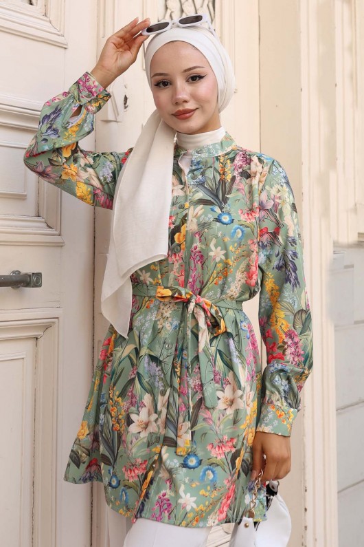 Desenli Tesettür Gömlek Yeşil 703 Desenli Tesettür Gömlek Yeşil 703