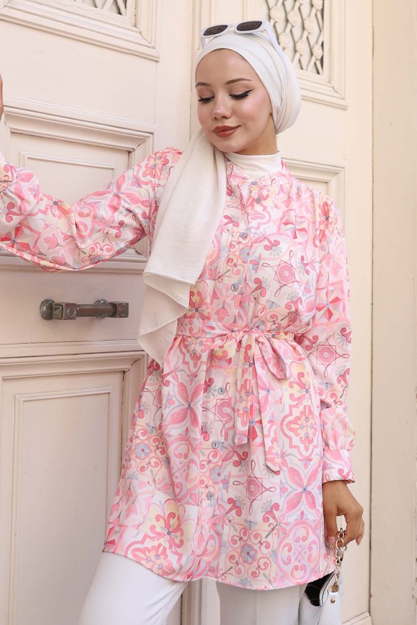 Desenli Tesettür Gömlek Pembe 704 Desenli Tesettür Gömlek Pembe 704