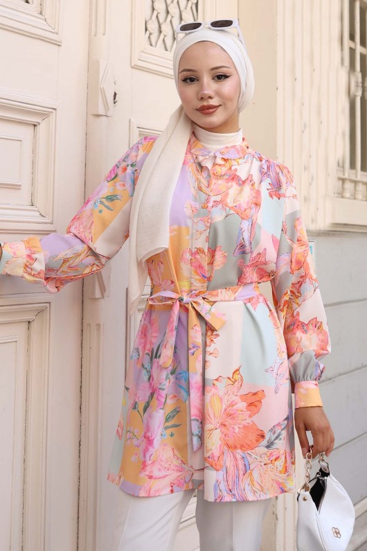 Desenli Tesettür Gömlek Sarı 704 Desenli Tesettür Gömlek Sarı 704