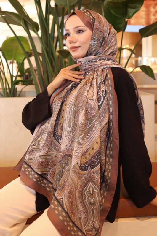 Etnik Desenli Pamuk Şal Acı Kahve İpk100