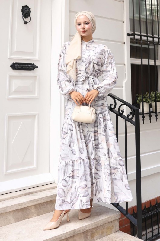 Desenli Tesettür Elbise Bej 577