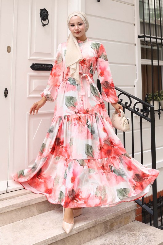Desenli Tesettür Elbise Pembe 578
