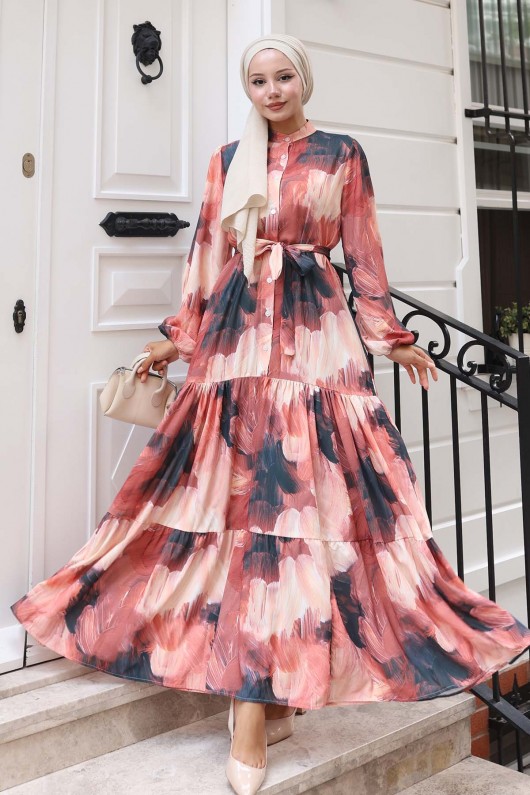 Desenli Tesettür Elbise Kiremit 580