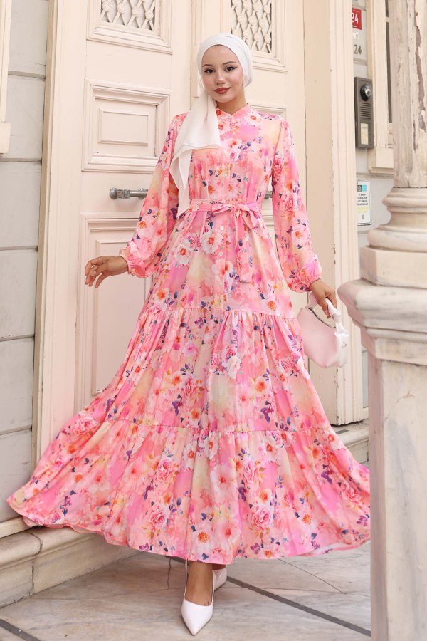 Desenli Tesettür Elbise Pembe 584