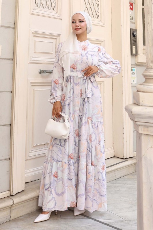 Desenli Tesettür Elbise Taş Rengi 585