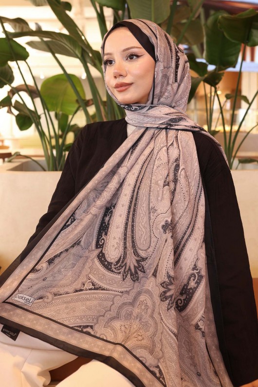 Etnik Desenli Pamuk Şal Siyah-Bej İpk100