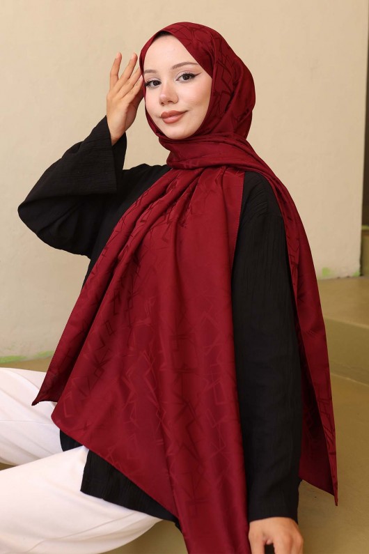 Desenli Jakarlı Şal Bordo İpk110 
