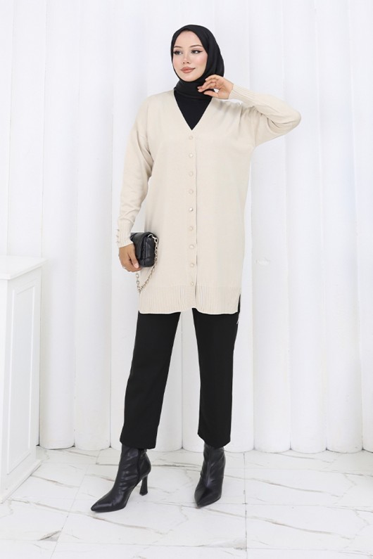 Düğmeli Uzun Merserize Hırka N3176 Taş Rengi