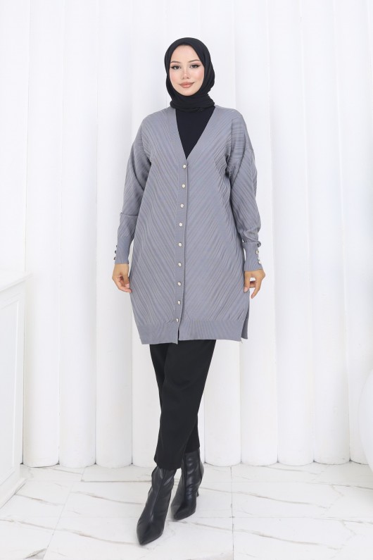 Desenli Uzun Merserize Hırka N3198 Gri