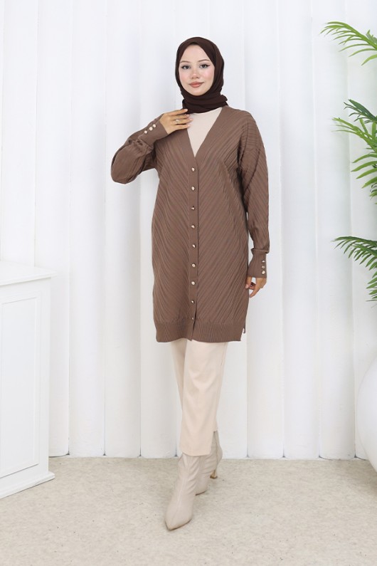 Desenli Uzun Merserize Hırka N3198 Vizon