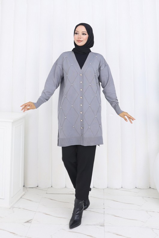 Taşlı Baklava Desenli Uzun Hırka N3246 Gri