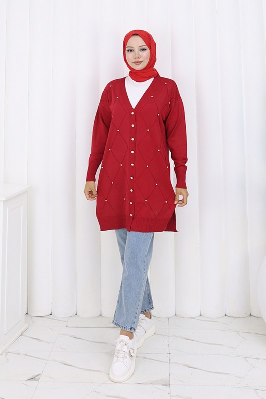 Taşlı Baklava Desenli Uzun Hırka N3246 Kırmızı