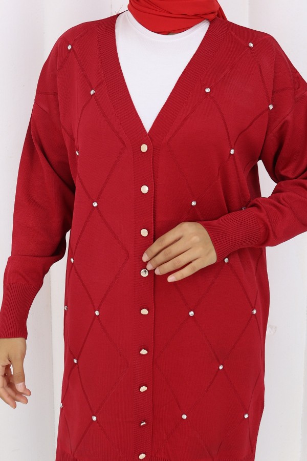 Taşlı Baklava Desenli Uzun Hırka N3246 Kırmızı